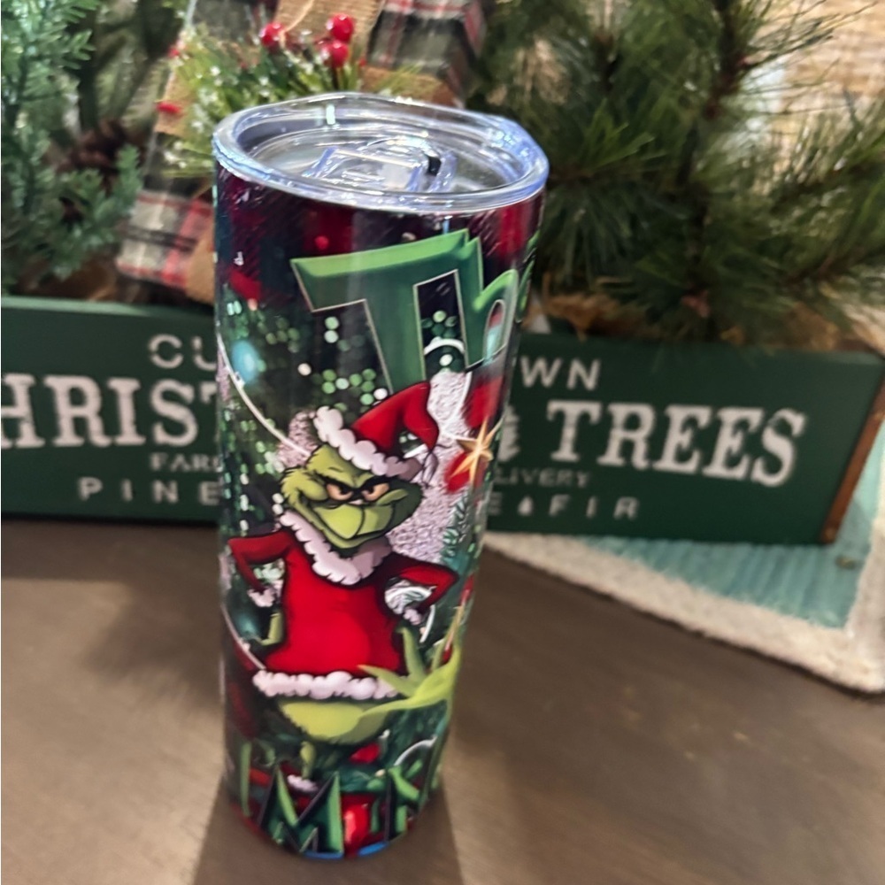 Grinch Christmas Tumbler Travel Cup with Lid & Reusable Straw